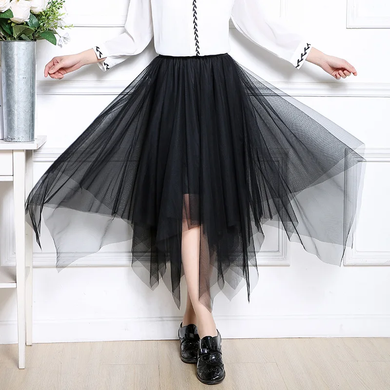 

Gothic Black Mesh Irregular Long Skirt Women Multilayer Dark Aesthetic Fairy Grunge Midi Skirts Punk Emo Alt Korean Fashion