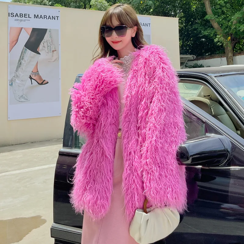 2023 Winter New Women Faux Fur Coat Imitated Tibet Sheep Fur Mid-Length V-neck Loose Outwear Temperament Casual Lamb Wool Coat