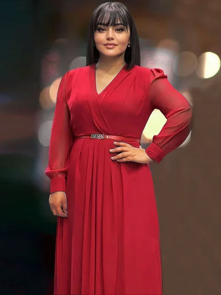 

Elegant Women Long Sleeve Chiffon Dresses Dubai Muslim Kaftan Abayas African Wedding Party Maxi Dress V-neck Robe Clothing