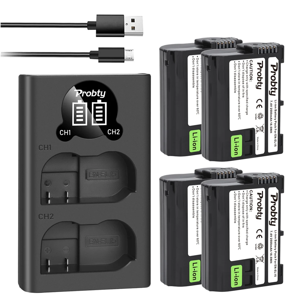 DuraPro 2 stuks EN-EL15C 2280mAh geïntegreerde dubbele USB-led-oplader met type C-aansluiting voor Nikon EN-EL15a EN-EL15b Z6 II Z7 II Z5 Z6 Z7 D500 D600 D750 D800 D810 D850