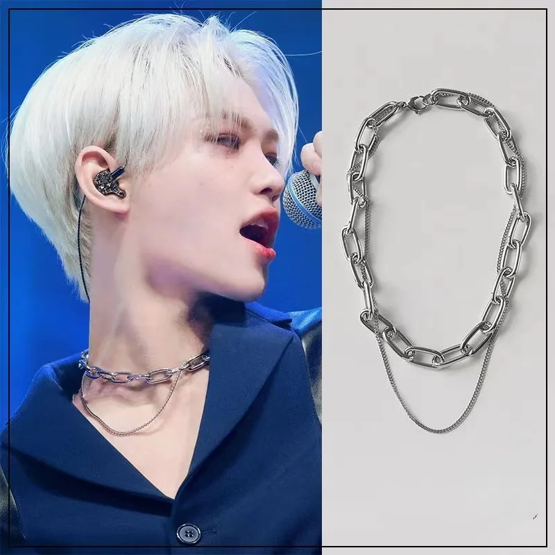 

2023 Korean Wave Stray Kids Combination Felix Same Necklace Double Layer Neckchain Hip Hop Fashion Accessories Jewelry Gift