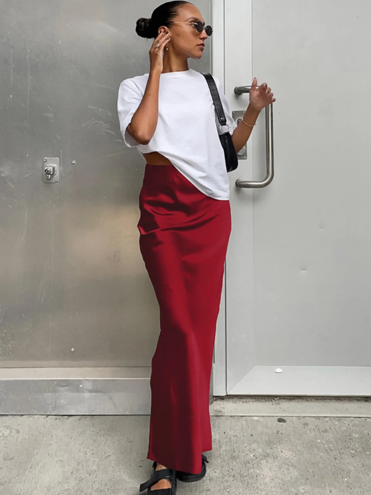 Versatile Pure Color Silk f-length Skirt High-waist Bodycon Long Skirt Spring Summer New Sle Women's Street Sle Polyester