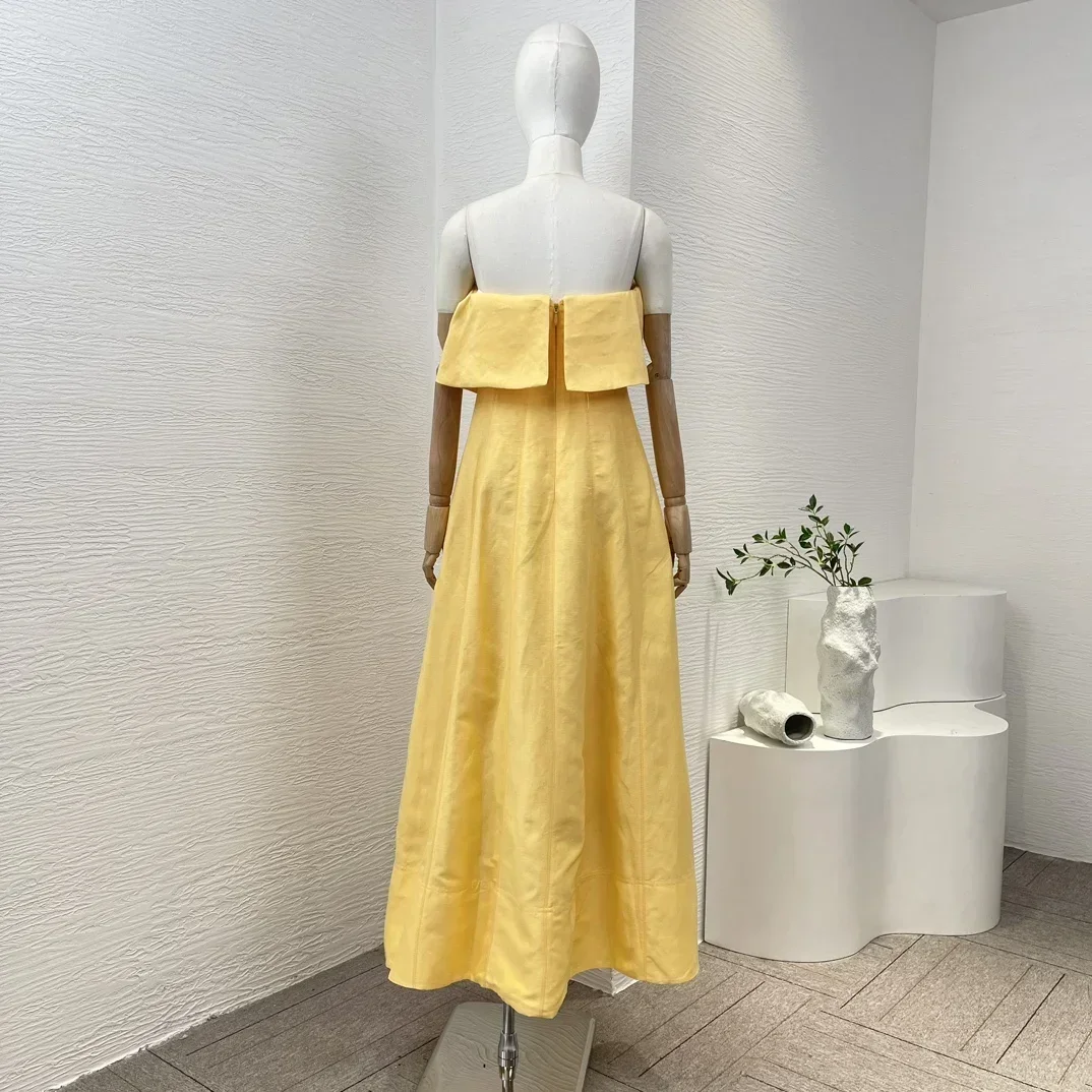 2024 Summer New Collection High Quality Pink Ruffles Sleeveless Waist A-line Yellow WomenTube Midi Dress