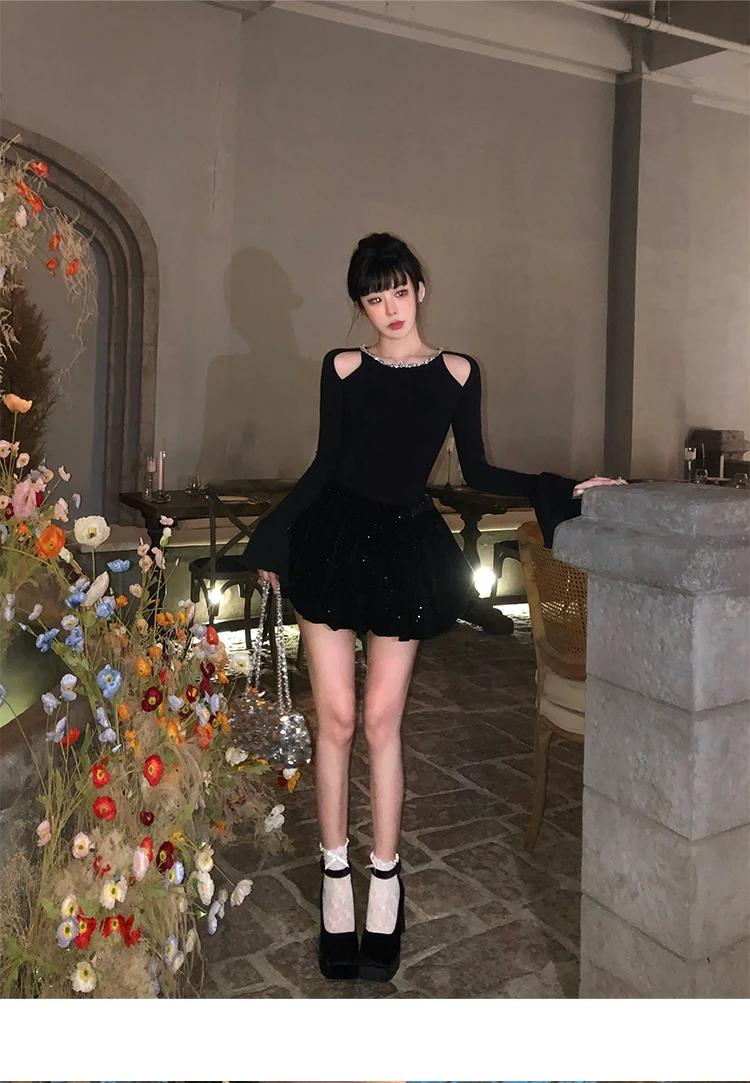 Autumn Winter Knitted Black Dresses for Women Long Sleeves High Waist A-line Birthday Party Dress Mini Vestidos Female Clothing