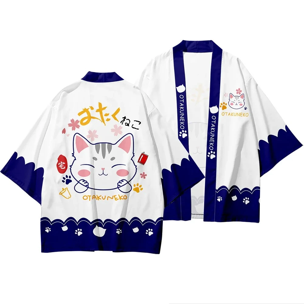 Japanese Traditional Cartoon Lucky Cat kimono summer beach sun protection cardigan men women fun feather weaving kids tops japanese kimono japanese kimono cardigan japanese kimono shirt