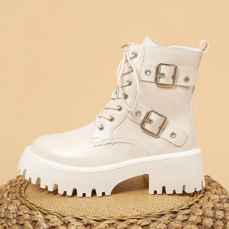 New Platform Belt Buckle Women Boots 2023 Autumn Retro British Height Increasing Short Boots Classics Lace Up Motorcycle Booties