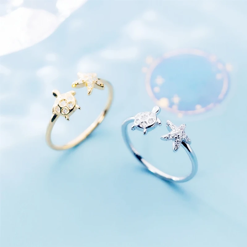 WYEAIIR 925 Sterling Silver Mini Cute Diamond Turtle Starfish Tortoise Resizable Opening Ring For Women Luxury Jewelry 3
