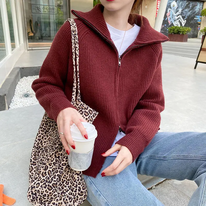 

Cardigan Sweater Women Casual Long Sleeve Top Cardigans Korean Style New Outerwears Knitwear Coat Zipper Design Autumn Clothes