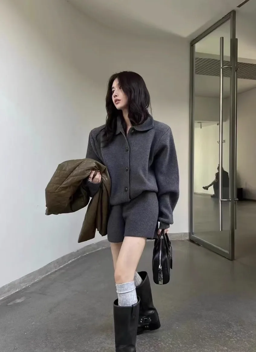 Autumn Winter New Two-piece Knitted Sets Single Breasted Sweater Top High Waist Shorts Korean Fashion Casual Outfits Solid Suit