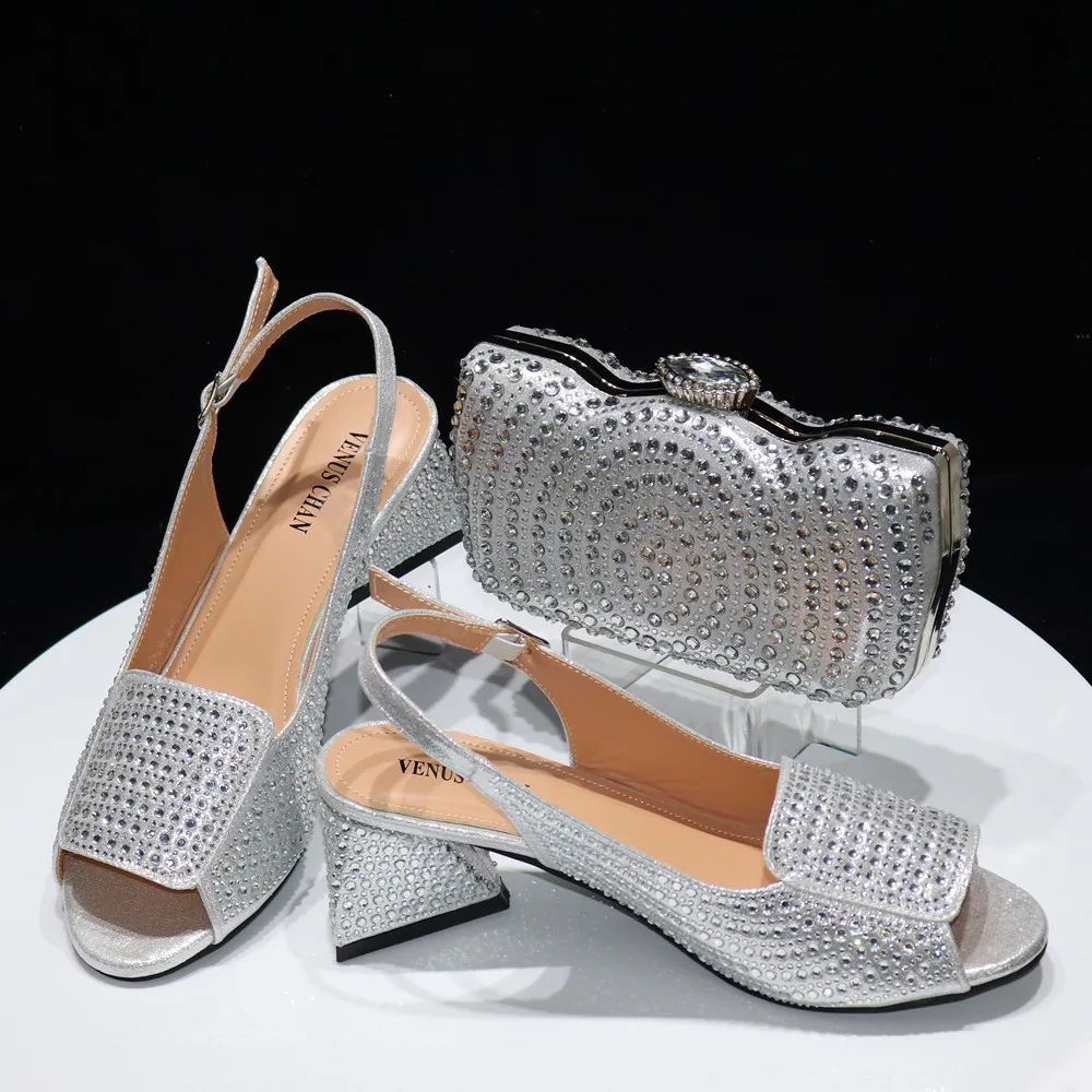 

African Hot Selling High Heel Crystal Design Wedding Party Lady Shoes and Sateen Synthetic Materials Bag in Silver Color