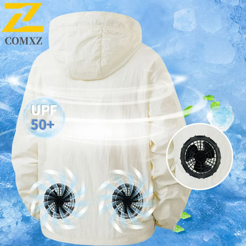 Summer Cooling Fan Jacket Air Conditioning Ice Vest Sunscreen Hoodie Men Women Outdoor Windbreaker Lightweight UV Protection