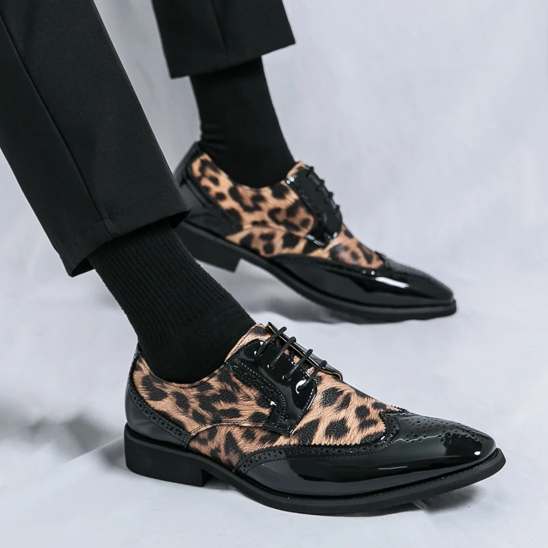 Men's lace-up leopard print leather shoes slip-on business casual loafers Hair Stylist Nightclub 46 47 48 Extra size