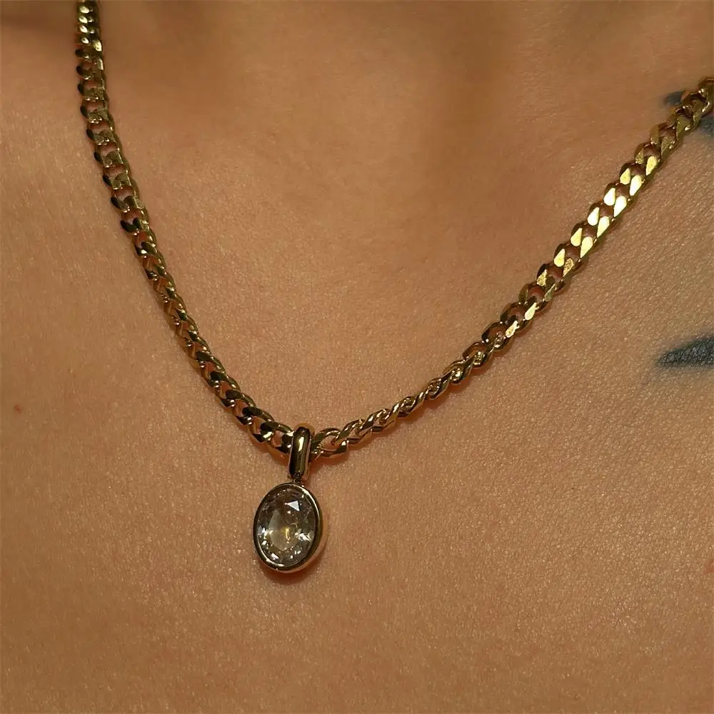 Fashion Multicolour Crystal Pendant Neckalce 18K Gold Plated Sparkle Oval CZ Zircon Choker Birthday Gift Stainless Steel Jewelry