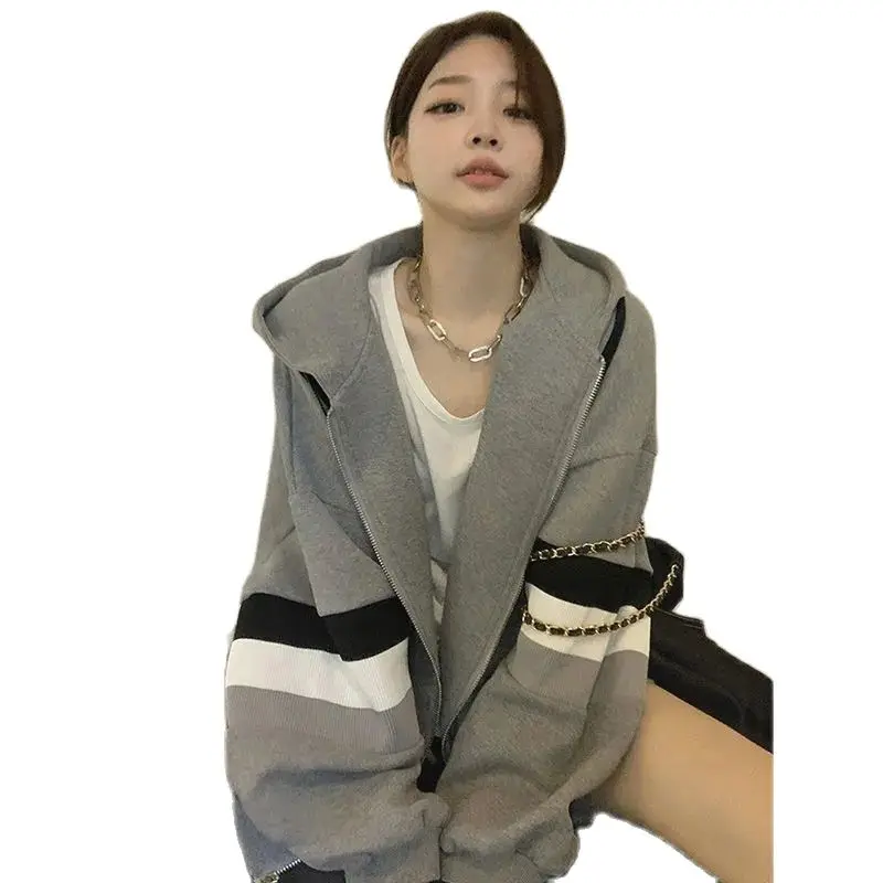 Cardigan Gray Hoodie Woman 2023 Spring Autumn New thin Korean Version of Loose Retro Chic Port Taste Hooded Top Coat Solid Color
