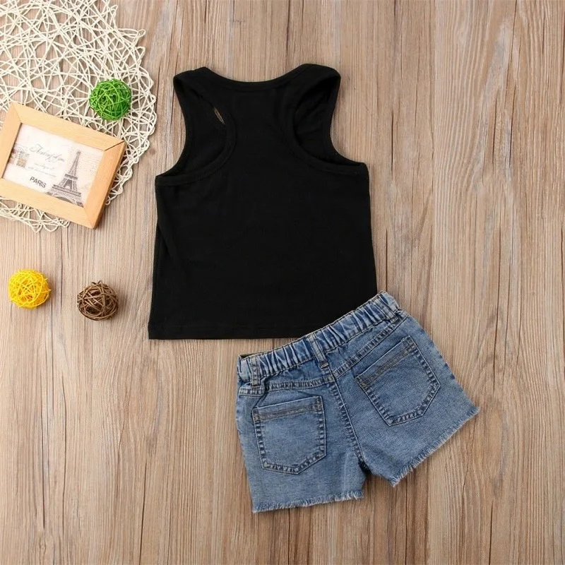 1-6 Years Toddler Girl Clothes Set Sleeveless Sunflower Letter Print Tank Tops with Denim Short Pants Summer Children's Sets kids clothing set girls clothing set