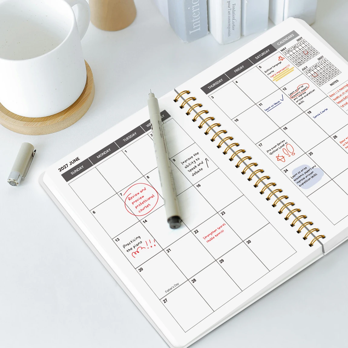 1 Pezzo Agenda Mensile Accademica 2026-2028, Calendario a Spirale A5 per 24 Mesi con Blocchi Grandi, Note, Copertina Floreale Rosa con Fiocco - immagine 3