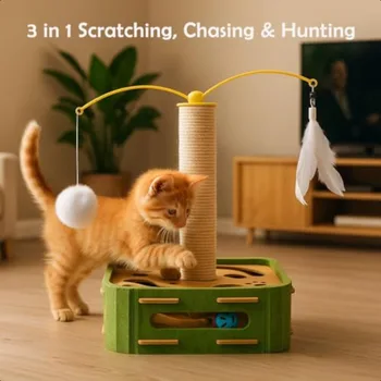 Interactive Cat Puzzle Toy Scratching Post with Spinning Balls Feathers for Indoor Cats Satisfies Hunting Instinct SelfPlay Men 3