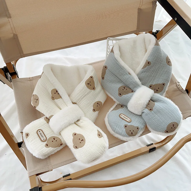 Winter Baby Cartoon Bear Scarfs Warm Fleece Kids Neck Warmer Cross Children Scarves for Girls Boys Baby Christmas Accessories