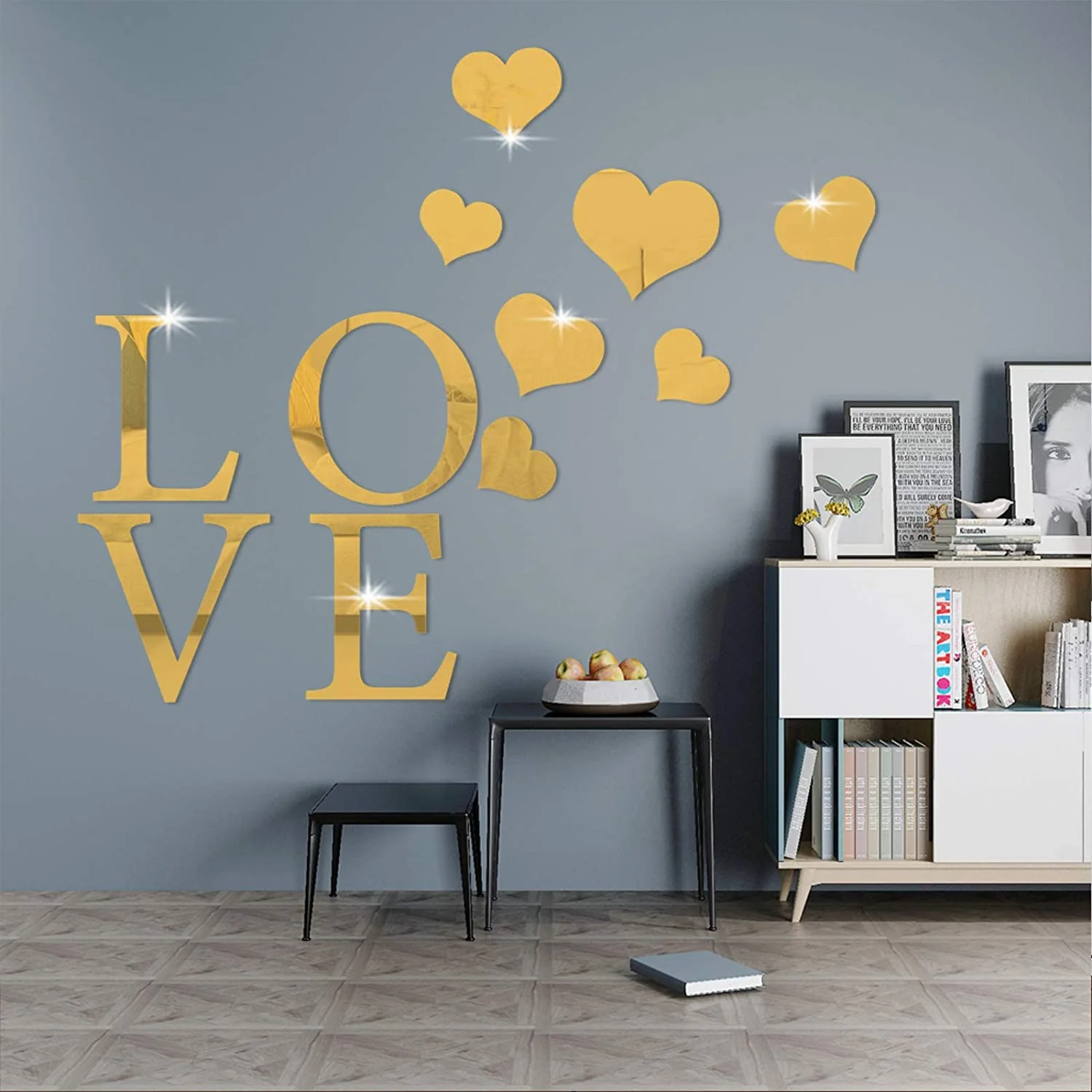 

3D Acrylic Mirror Setting Wall Sticker Decal, DIY Love Heart-Shaped Art Mural Decal