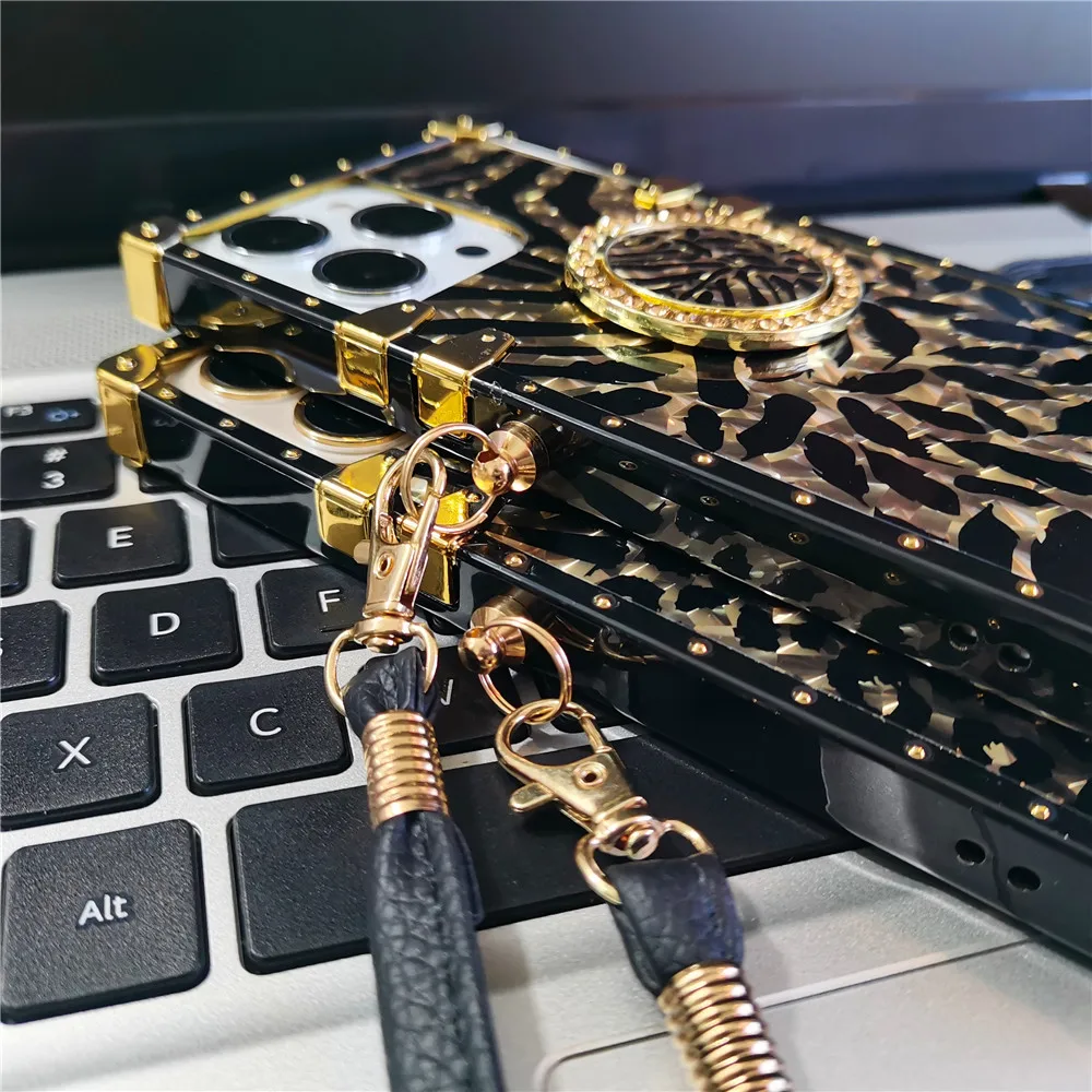 Luxury Glitter Leopard Print Cover Soft Square Lanyard Phone Case