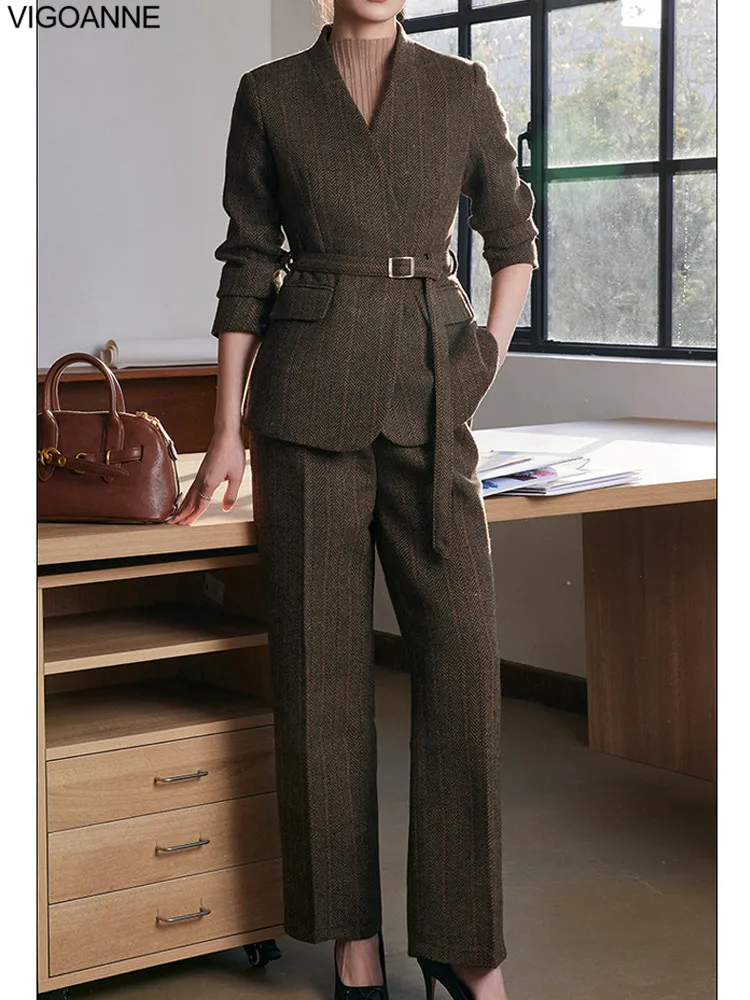 2025 Autumn Women Brown Slim Professional Suit High Waist Staight Long Pants Set Lady Office Trousers Coat 2 Piece Blazer Suit 2