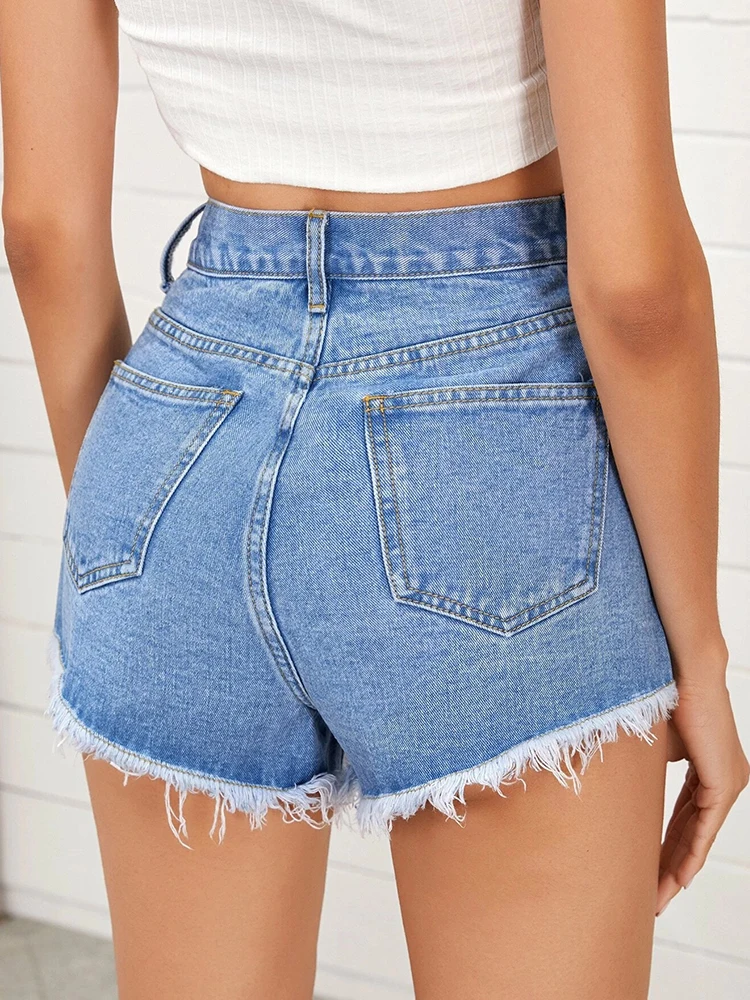 Ailegogo New Spring Summer Women Loose Tassel Blue Denim Shorts High Waist Wide Leg Hole Chain Jeans Shorts Ladies Bottoms dickies shorts