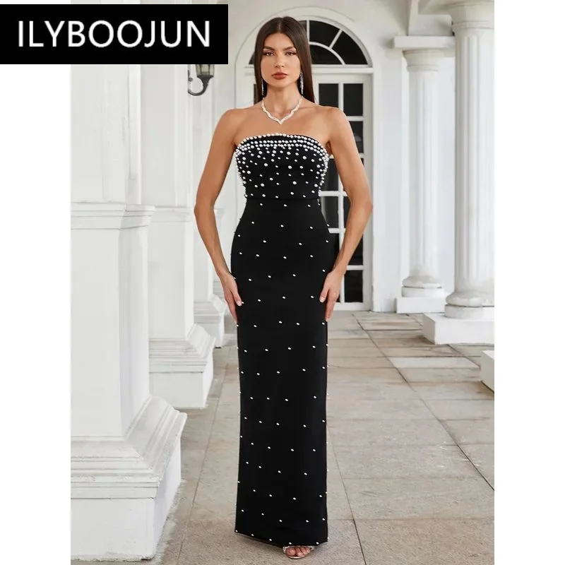 Jewel | Black Plunge-Neck Maxi Dress With Front Split and Ruched Detailing