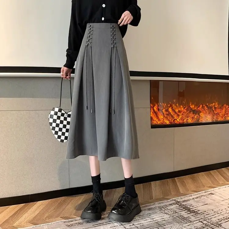 Female Vintage Y2k Long Skirts Lace Up Decorate High Waisted Straight Skirts Autumn Women All-Match Korean Style Elegant Party cowhide wide belts lady windbreaker skirt gold pin buckle belt black solid genuine leather waist strap girl party dress decorate