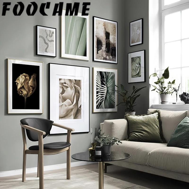 Golden Flower Tropical Green Plant Nordic Wall Canvas Art Print