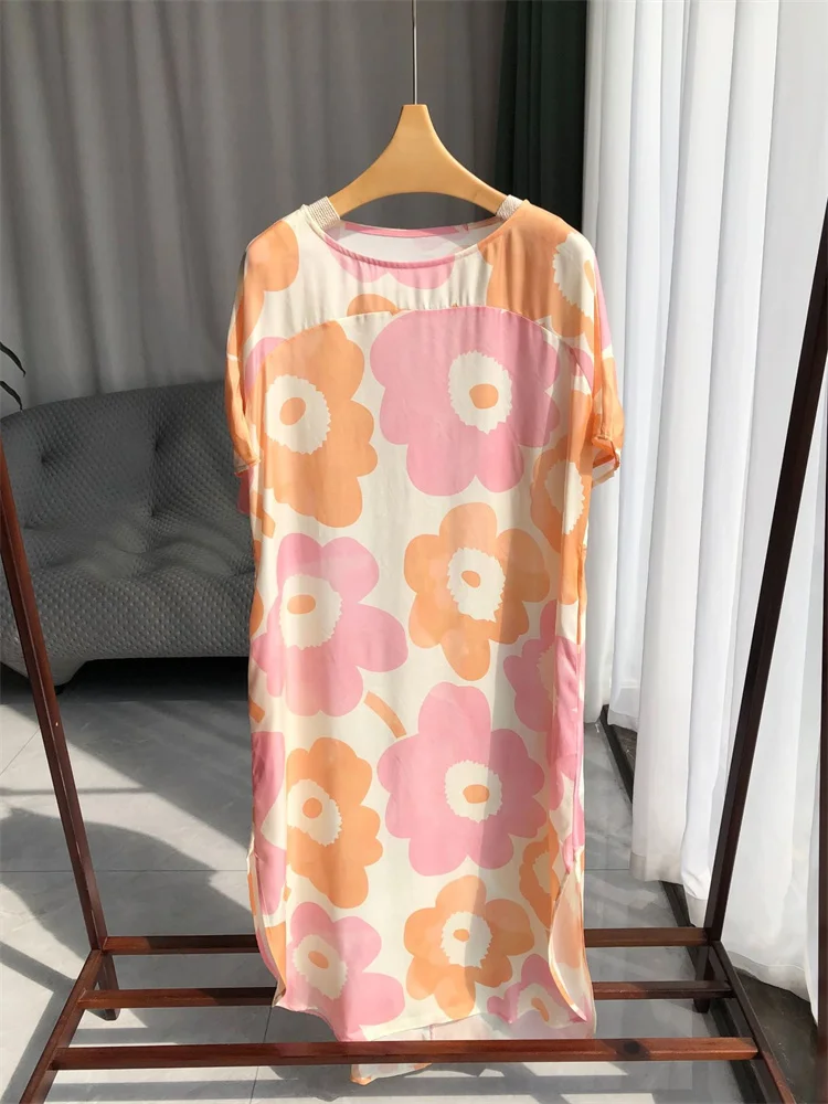 

Женское платье миди с круглым вырезом, универсальное оранжевое свободное платье средней длины с коротким рукавом и цветочным принтом, новинка 2024