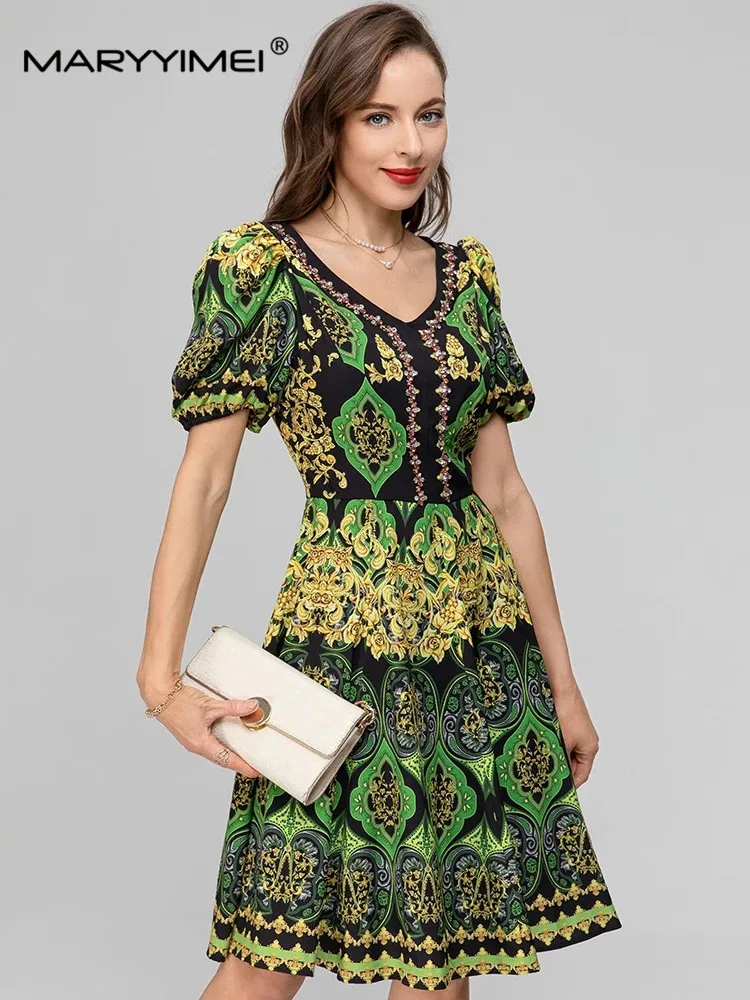 

MARYYIMEI Designer Vintage Abstract Summer Women's Dress Short Sleeve Beading Flower Printing Slim-Fit Dress