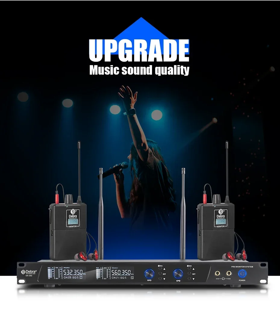 ER-202 프로페셔널 12채널 무선 인이어 이어폰 시스템 BT5.0 XLR 스테이지 노래방 스튜디오 LED 메탈 통신