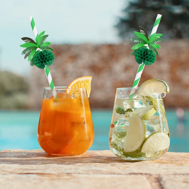 Summer Hawaiian Green Coconut Honeycomb Paper Straw Beach Party Birthday Cocktail Drinking Disposable Tableware Straw Decor 20pc