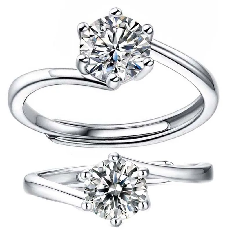 

0.5-1-2 Carat Moissanite Rings 925 Sterling Silver Lab Diamond Adjustable Opening Ring Classic Wedding Band for Party Dance Gift
