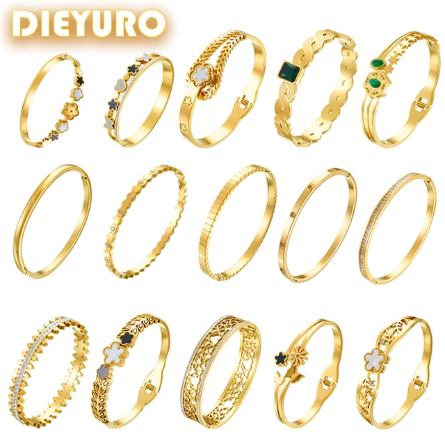 DIEYURO 316L Stainless Steel Golden Design Sense Bangle For Women 2024 New Retro Cuff Bracelet Men Non-fading Jewelry party Gift 1