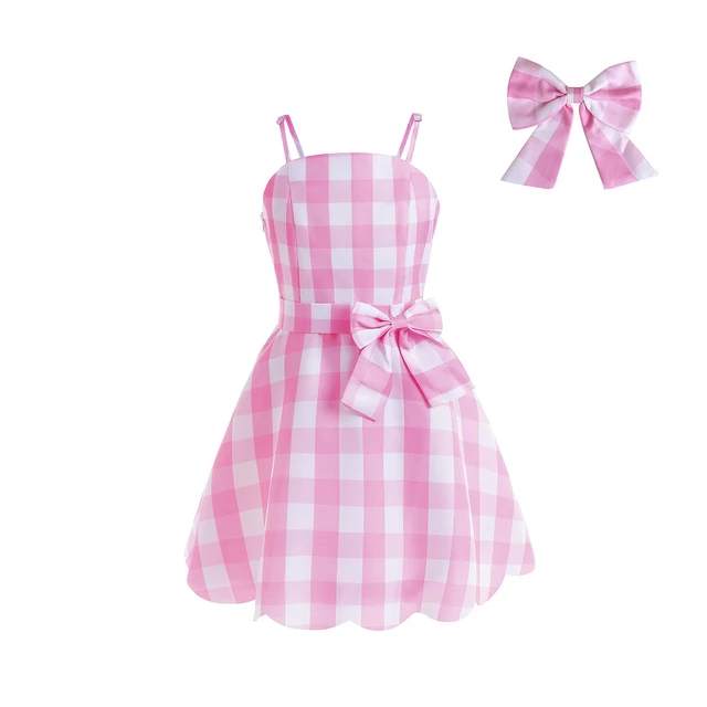 Vestito da bambina Barbi Costume 2023 Nuova moda rosa plaid dolce  abbigliamento Halloween Bambini senza maniche con cinturino Abiti per 2-12  anni