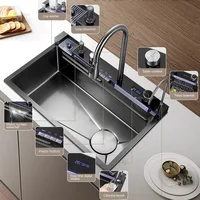 Raindance Waterfall Kitchen Sinks Nano Stainless Steel 304 Home Kitchen Wash Basin Digital Display Embossed Large Single Slot B 1