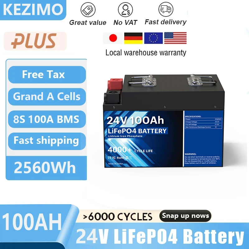 

LiFePO4 24V 100Ah Battery Pack 25.6V 2.5KW Lithium Battery Grand A Cells 8S 100A BMS 6000+ Cycles IP65 For RV Boat Solar No Tax