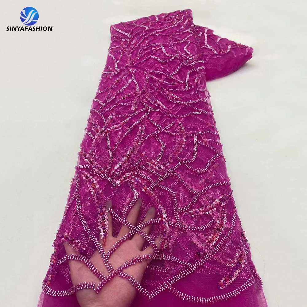 

Sinya Diamond Crystal Beads Nigerian Sequins Lace Fabric Latest Fuchsia Pink Luxury French Embroidery Heavy Beaded Wedding Laces