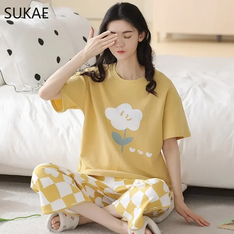 SUKAE 100% 코튼 카프리 잠옷 세트, 반팔 종아리 길이 잠옷, 여름 쿼터 바지, 홈수트