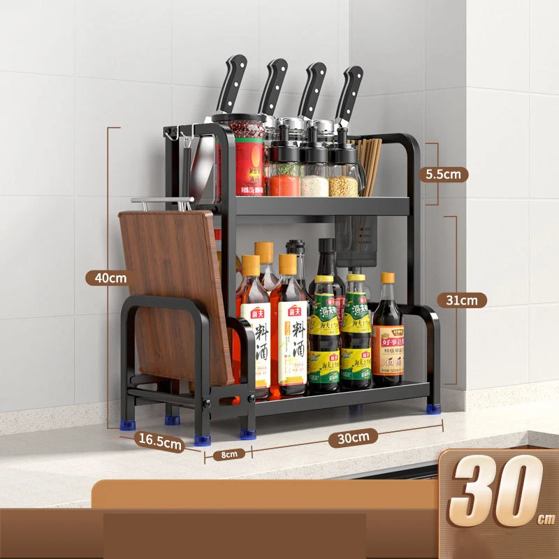 Scaffale Portaspezie Da Cucina In Acciaio Al Carbonio – Organizer Da Banco 2/3 Livelli Con Porta Tagliere, Porta Coltelli, Porta Bacchette E 4 Ganci