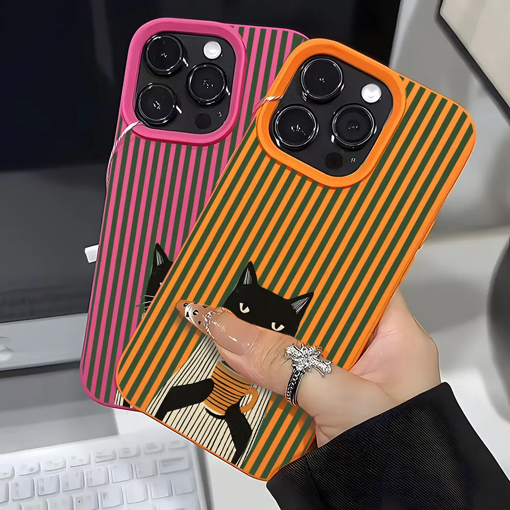 Whimsical Coffee Cat Pattern Lychee Soft Shockproof Phone Case