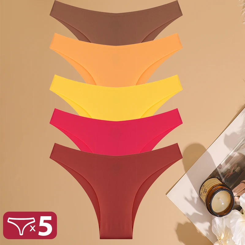 FINETOO 5Pcs/Set Ice Silk Seamless Underwear Low Waisted Brazilian Pants Breathable High Elasticity Lingerie Intimates Panties