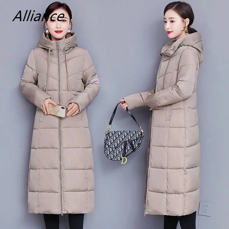 

2023 Winter Long Knee Length Jacket Women's Padded Commute Zip Hood for Warmth Coat Straight Type Khaki Parkas Women's Fashion