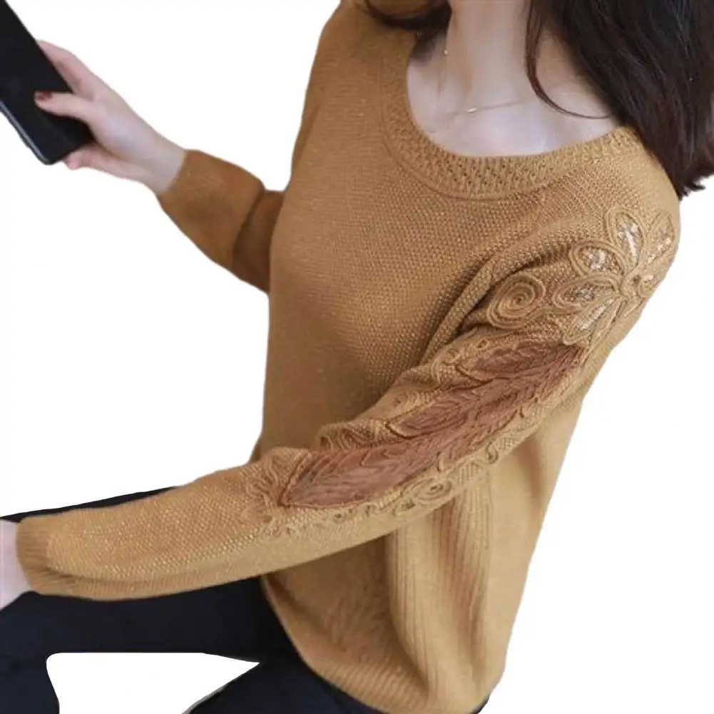 

Женский Осенний вязаный свитер с кружевной аппликацией и круглым вырезом