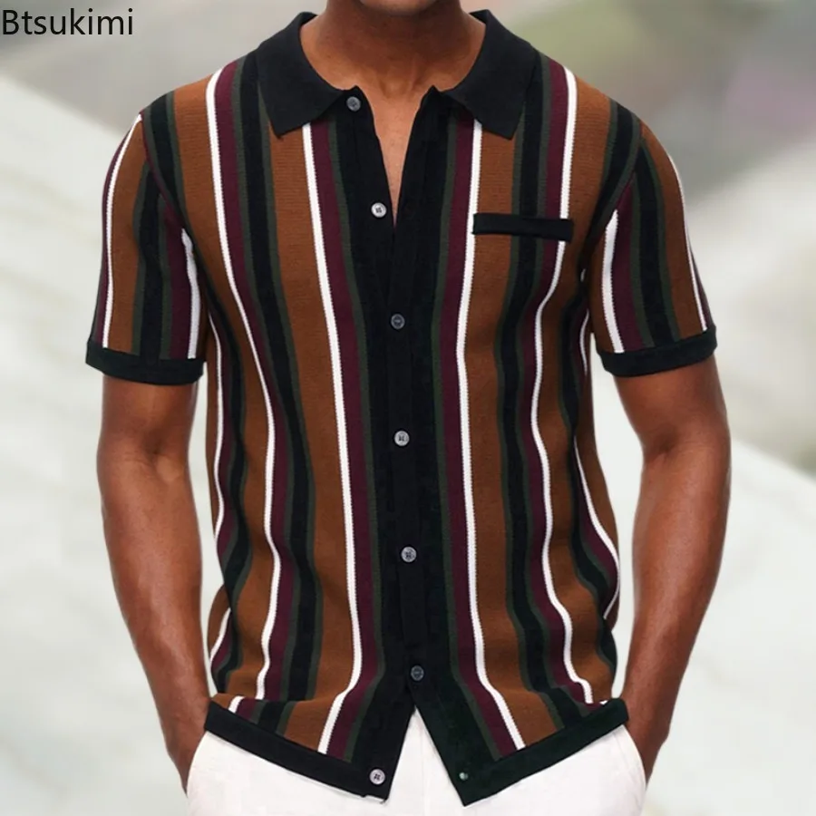 

Fashion Vintage Men's Striped Knitting Polo Shirt Summer Short Sleeve Lapel Breathable Tops Business Casual Male Social T-shirts