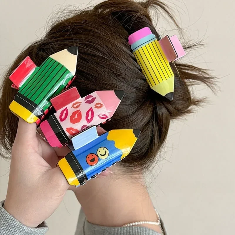 Pinzas en forma de lápiz acrílico grande para mujer y niña, accesorios para el pelo con diseño de lápiz acrílico, horquilla con cola de caballo con sonrisa de girasol de dibujos animados, novedad de 2024