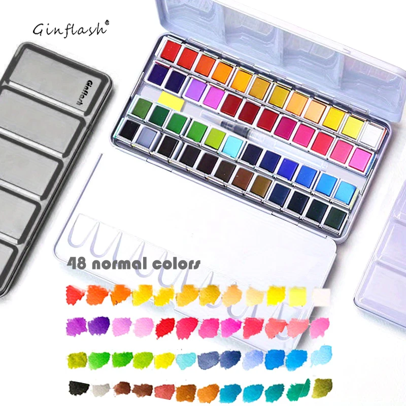 Ginflash 48/24colors Color Artistical Color Half Pan Pigment Paint Artist Painting Watercolors Set With Paint Brush