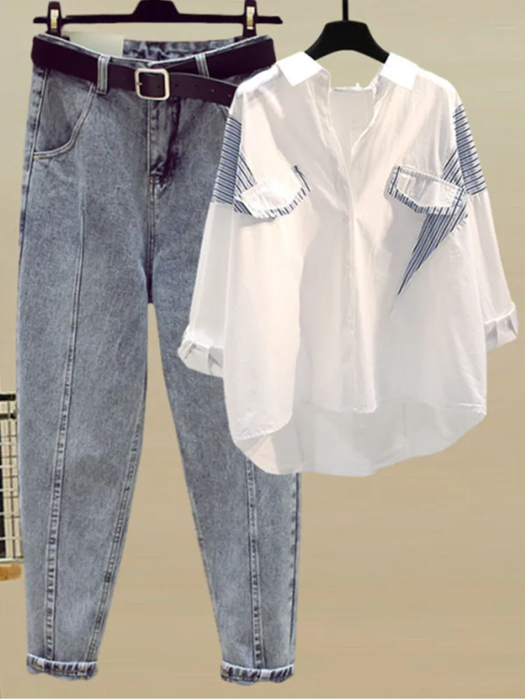 Large Women's Spring/Summer Set 2023 New Long Sleeve Shirt Top Women's Slim Versatile Jeans Two Piece Set