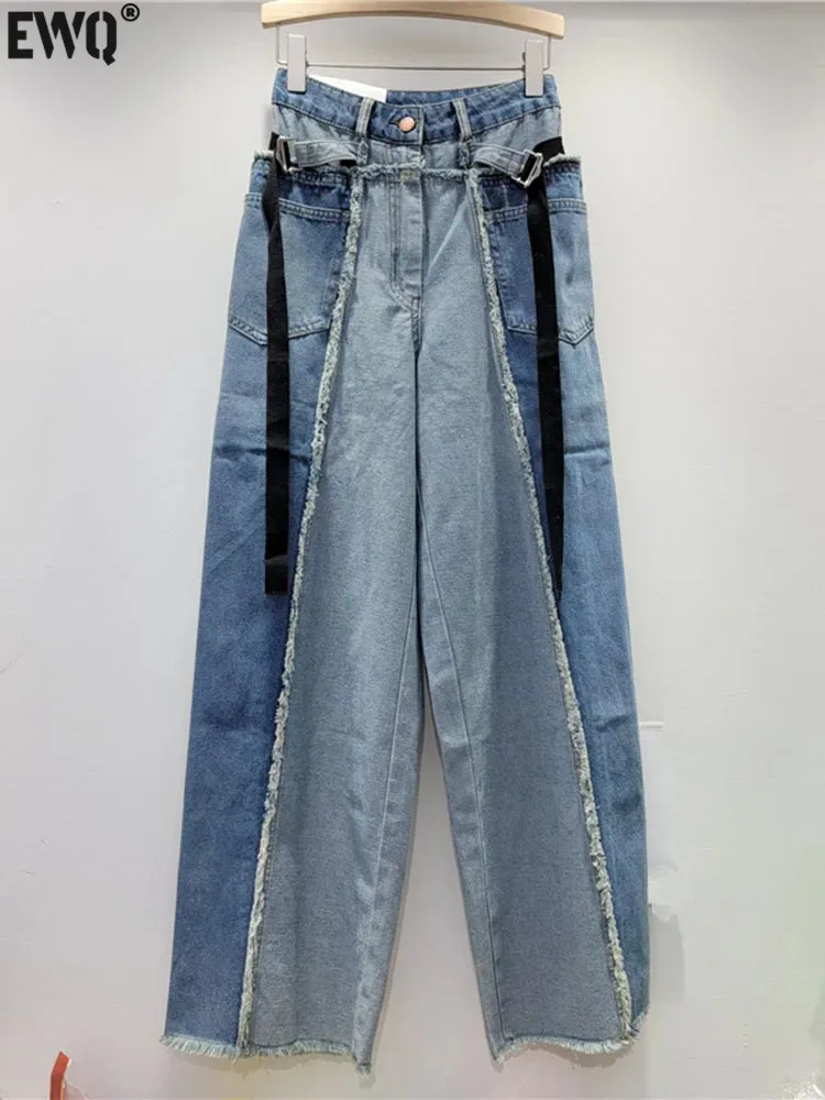 

[EWQ] Vintage Lace-up Spliced Tassel Jeans Straight Contrast Color Denim Wide Leg Pants For Women 2023 New Autumn Spring 16U6640
